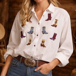 Vintage Western Boots Embroidered Button Down Shirt White Cowboy Top Large